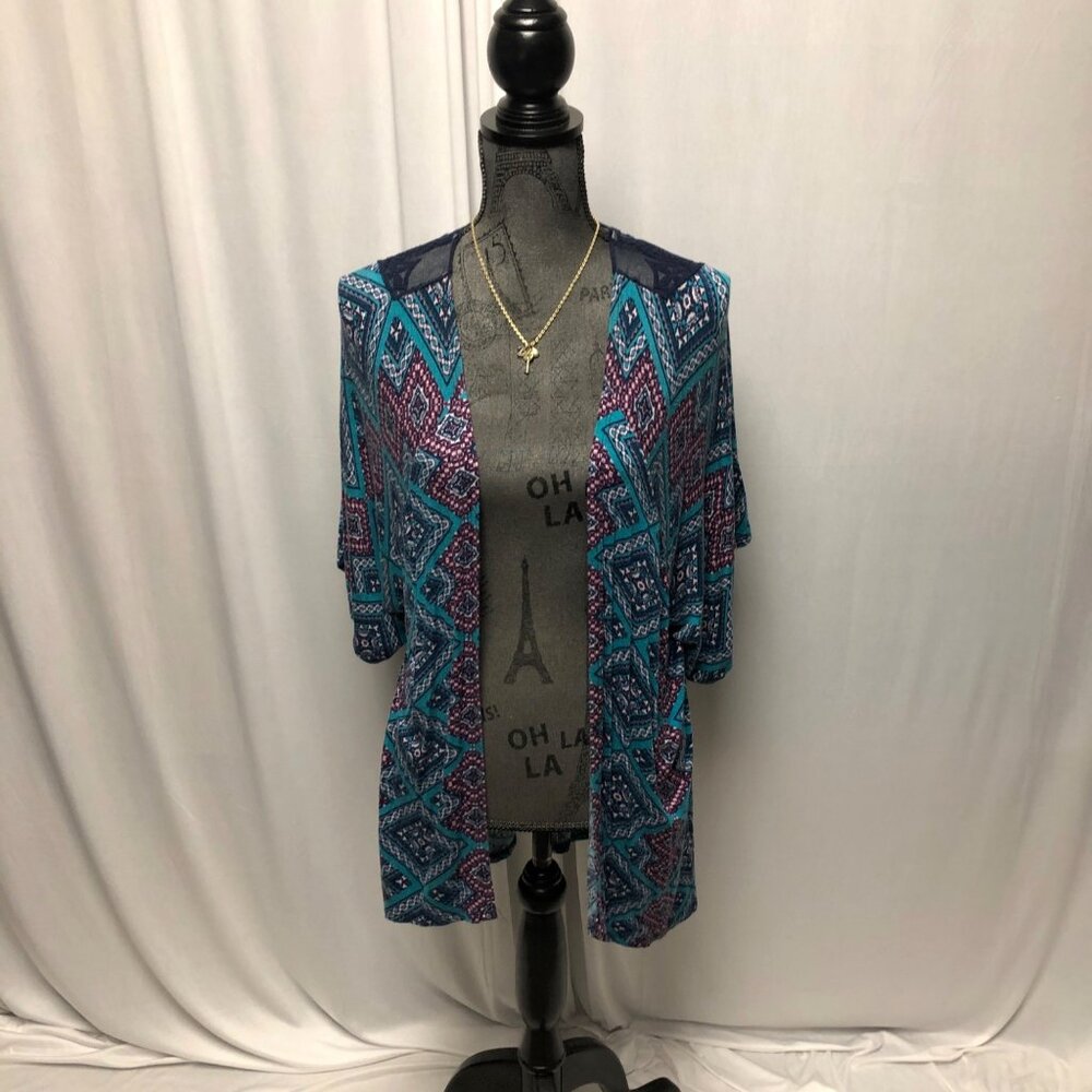 Vanity Cardigan Womens Size Small Teal Pink Open Front Lace Back Layering Boho